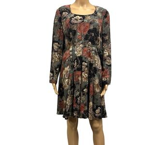 Carole Little Long Sleeve Floral Tailored Waistline Button Accent Dress 12 P